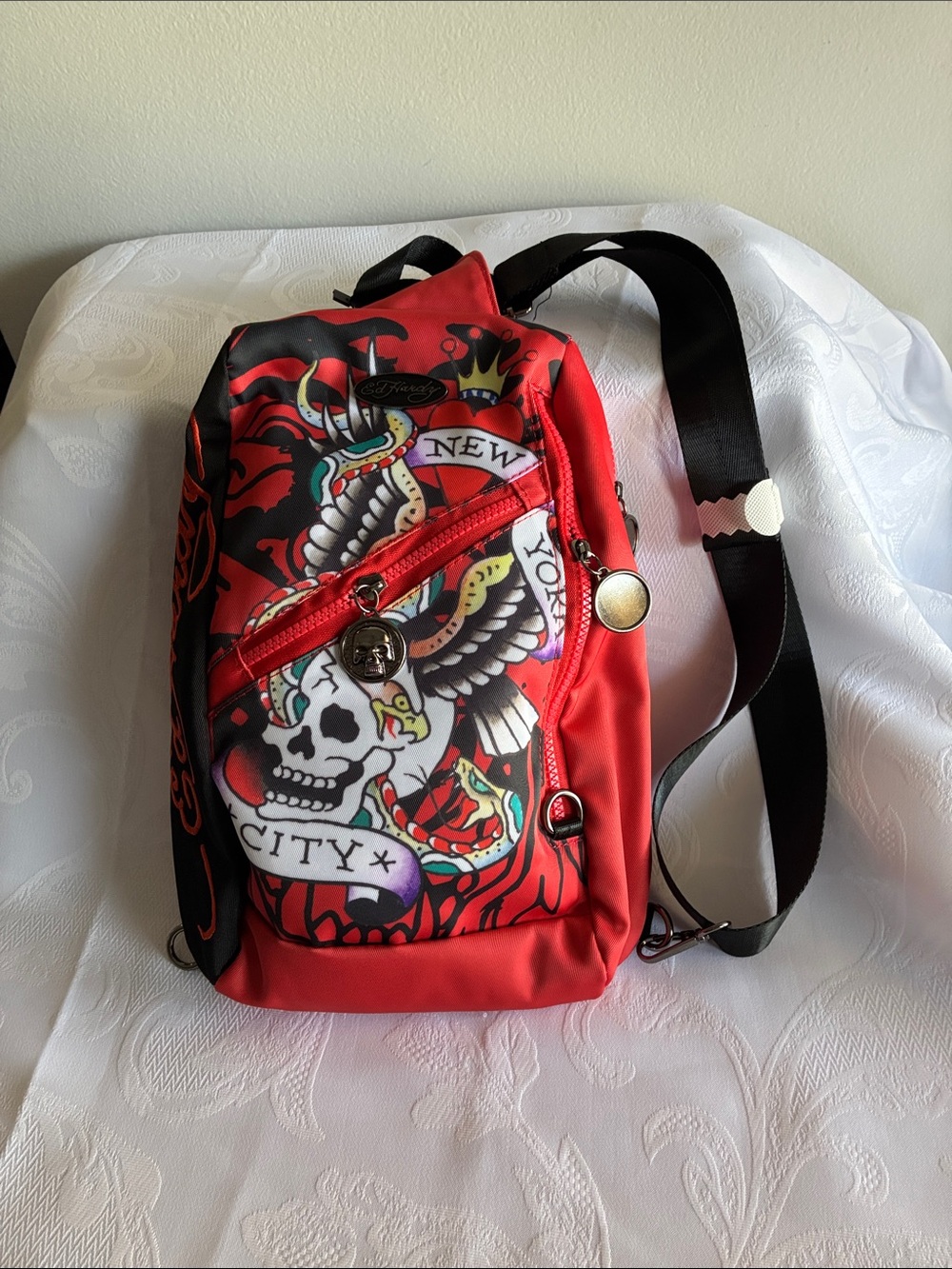 Ed Hardy Red Skull Graphic Sling Belt Bag with Black Strap